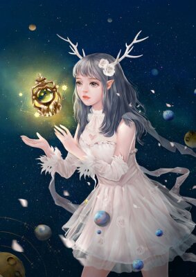 Poster  Une fille aux oreilles elfiques et au fond cosmique
