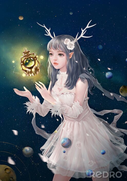 Poster  Une fille aux oreilles elfiques et au fond cosmique