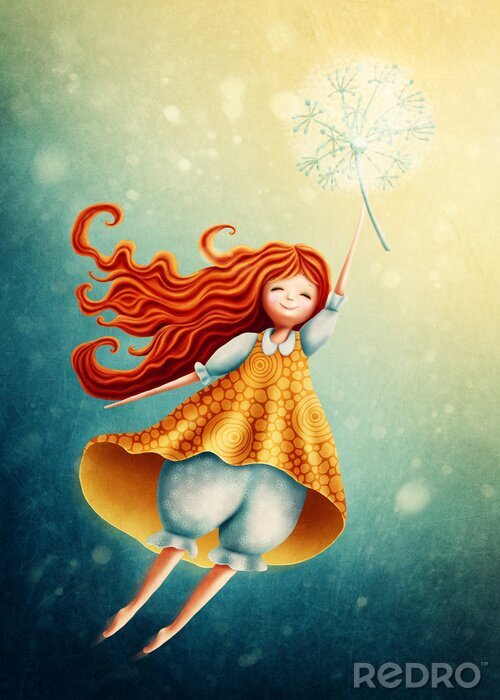 Poster  Une fille dans une robe à motifs et un pissenlit