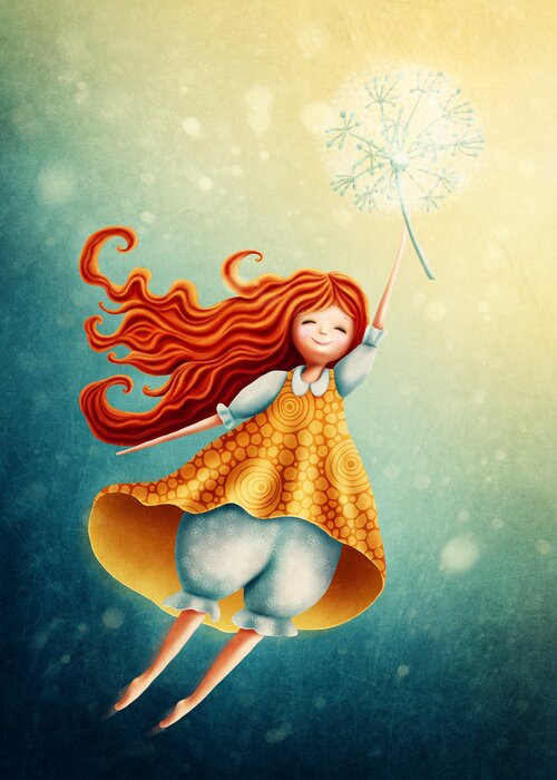 Poster  Une fille dans une robe à motifs et un pissenlit