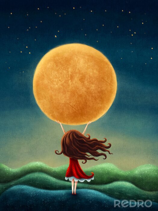 Poster  Une fille tenant une pleine lune