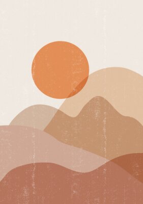 Poster  Une illustration d'un coucher de soleil en montagne dans un style minimaliste