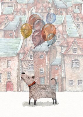 Une illustration d'aquarelle d'un petit chien tenant un tas de ballons, marchant dans une vieille ville apparaissant sur le fond.
