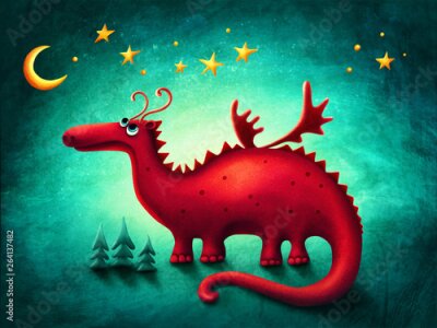 Poster  Une illustration de conte de fées avec un dragon rouge