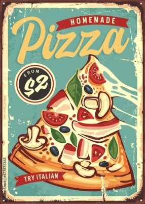 Poster  Une illustration représentant une pizza et une pancarte dans le style d'une affiche rétro.