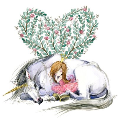 Une licorne allongée et une princesse qui dort dessus
