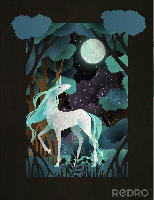Poster  Une licorne dans une forêt au clair de lune
