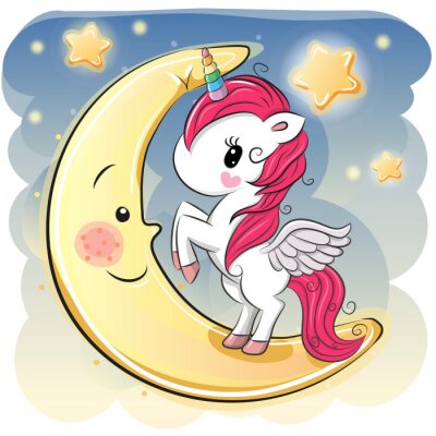 Poster  Une licorne debout sur une lune souriante