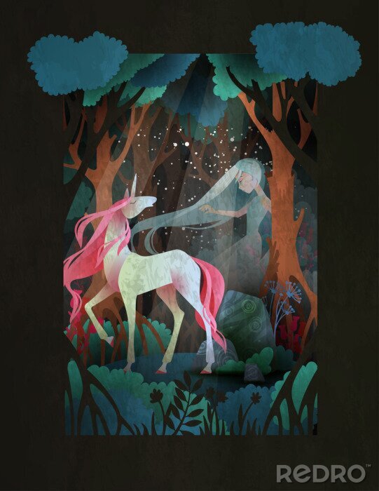 Poster  Une licorne et une nymphe de la forêt parmi les arbres