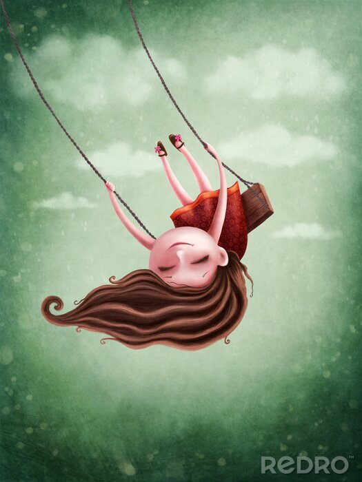 Poster  Une petite fille rêveuse sur une balançoire