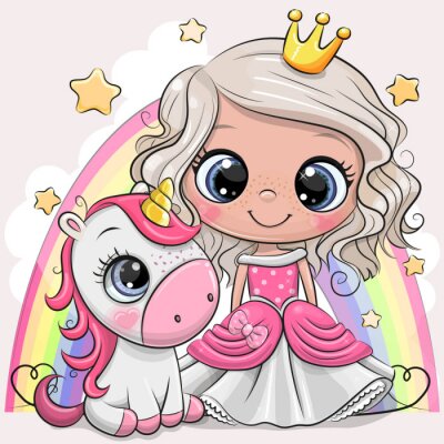 Une princesse et une licorne sur fond d'arc-en-ciel multicolore