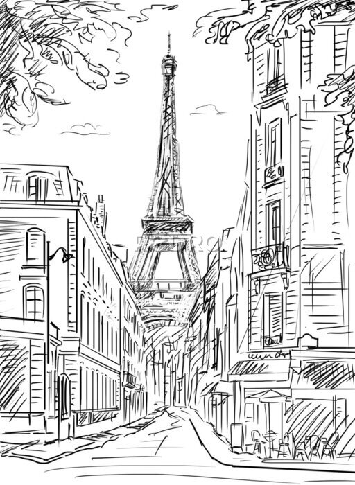 Poster  Une rue de Paris menant à la Tour Eiffel, dessinée dans le style d'un dessin.