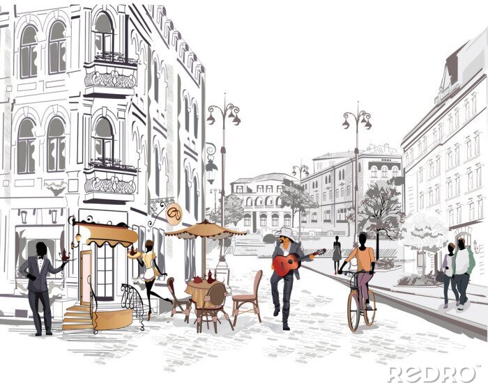 Poster  Une rue historique avec un café et un guitariste