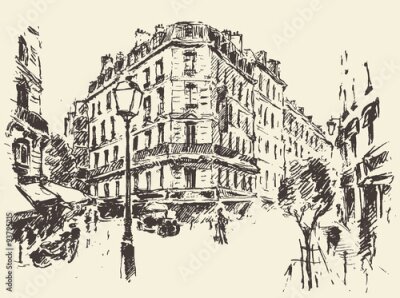 Poster  Une rue parisienne dessinée au trait, avec un lampadaire au premier plan.
