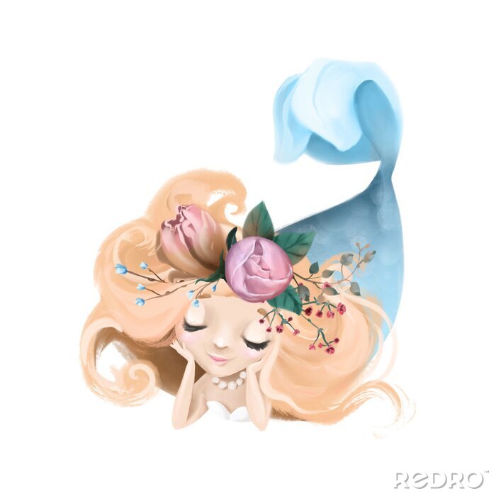 Poster  Une sirène avec une queue bleue et des fleurs dans les cheveux