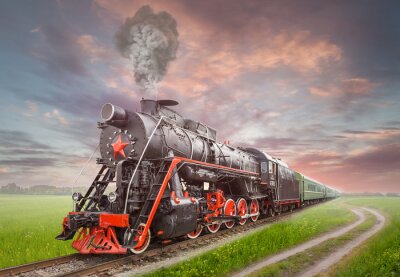 Poster  Une vieille locomotive tirant des wagons au milieu de la verdure