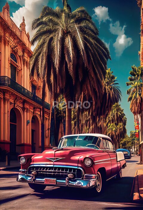 Poster  Une voiture rétro dans une ville cubaine avec des palmiers