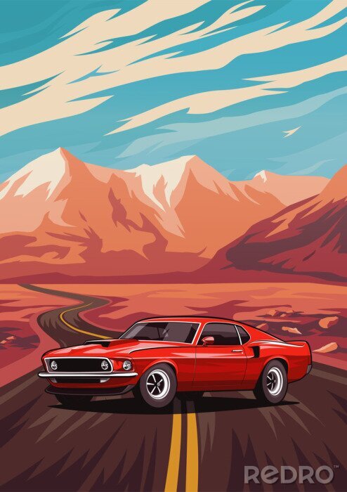 Poster  Une voiture rouge sur la route avec des montagnes en arrière-plan, dans un style rétro.