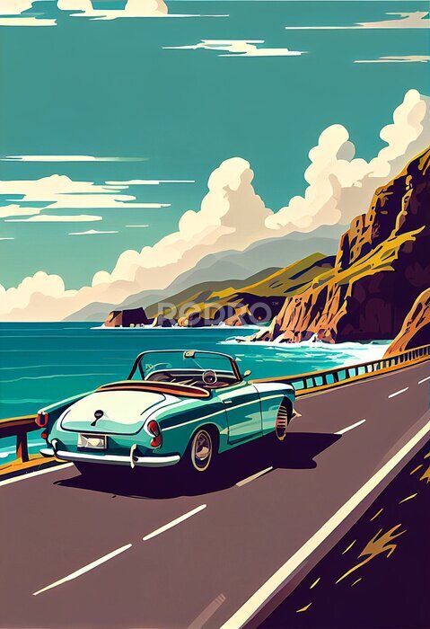 Poster  Une voiture turquoise sur une route pittoresque