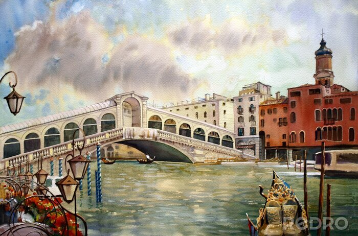 Poster  Une vue du canal avec le pont du Rialto, Venise