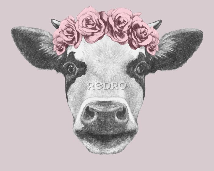 Poster  Vache avec une couronne de fleurs sur fond rose version dessin animé