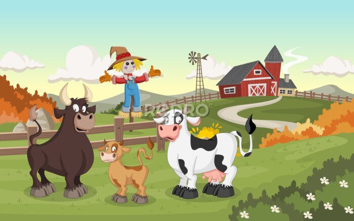 Poster  Vaches et ferme version dessin animé