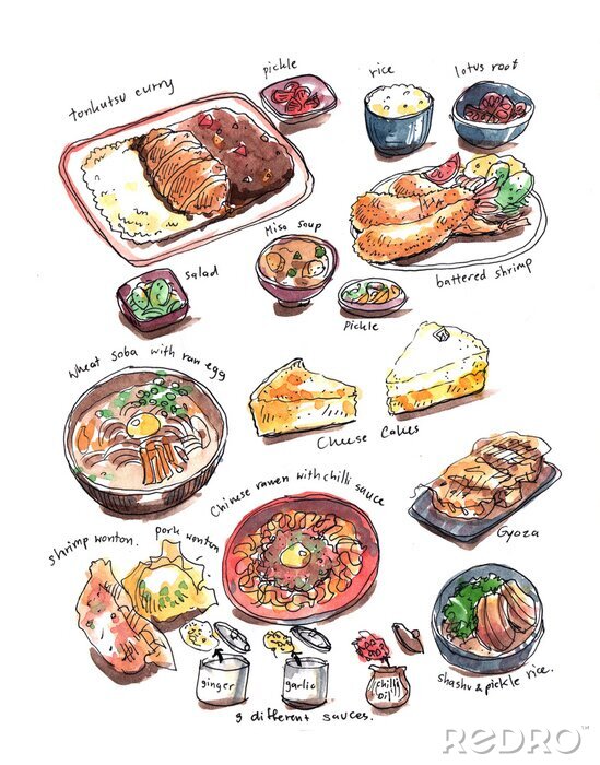 Poster  Variery, japonais, nourriture, main, peinture, aquarelle, Illustration