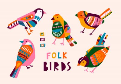 Poster  Various birds with different folk ornaments. Paper cut scandinavian style. Flat design. Hand drawn colored vector set. Modern trendy illustration. All elements are isolated