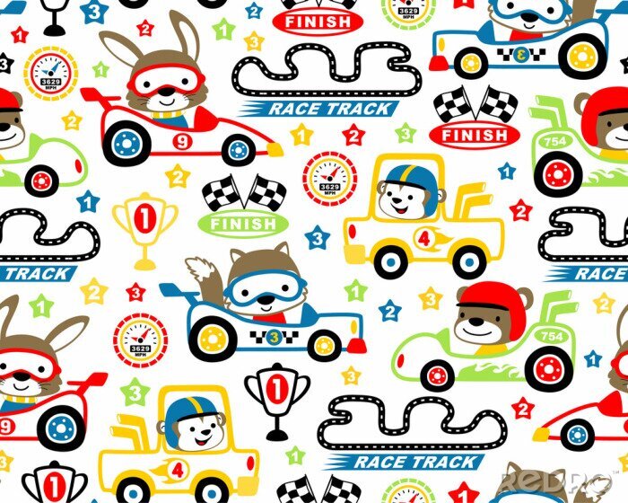 Poster  Vecteur de modèle sans couture avec dessin animé de course de voiture