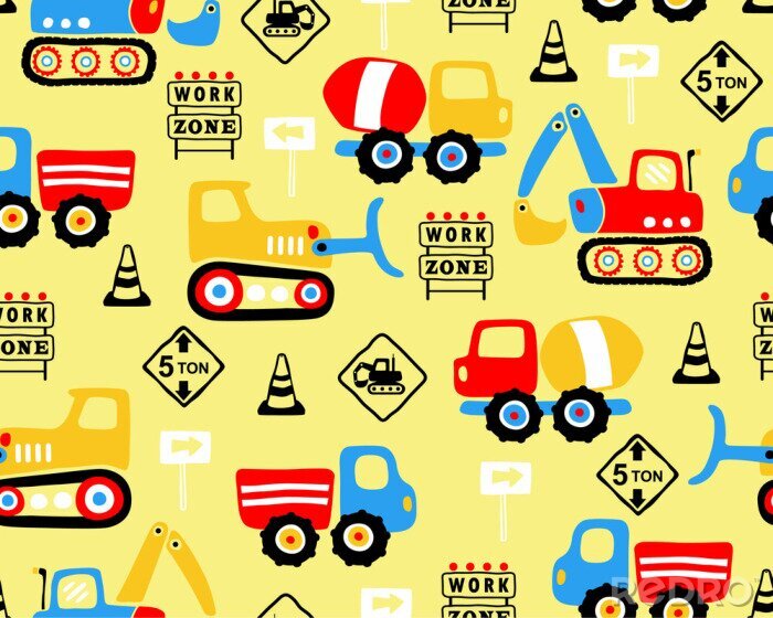 Poster  Vecteur de modèle sans couture avec la caricature de véhicule de l'industrie