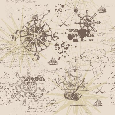 Poster  Vector abstract seamless background on the theme of travel, adventure and discovery. Old hand drawn map with vintage sailing yachts, wind rose, routs, nautical symbols and handwritten inscriptions