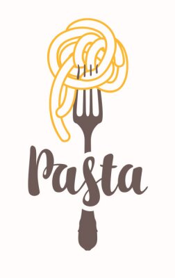 Poster  Vector banner with pasta on a fork and calligraphic inscription on light background. Decorative illustration in flat style. Suitable for flyer, label, tag, logo, icon, badge, sticker, design elements