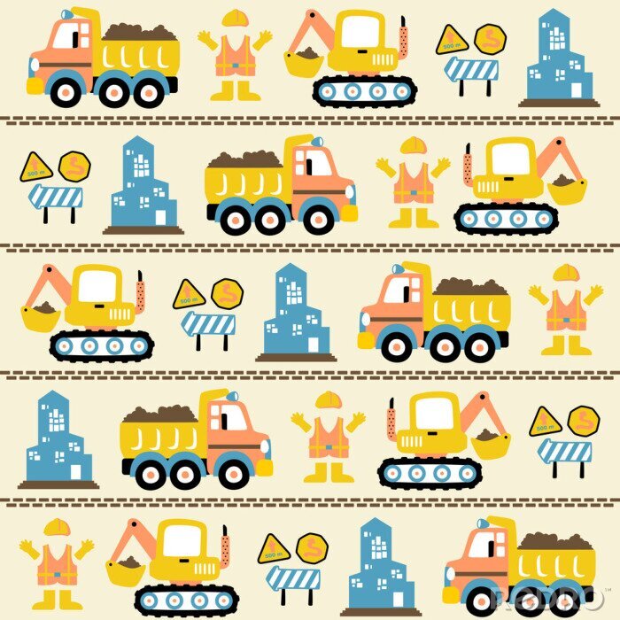 Poster  vector cartoon seamless pattern with construction vehicles, construction signs, worker uniform, buildings.