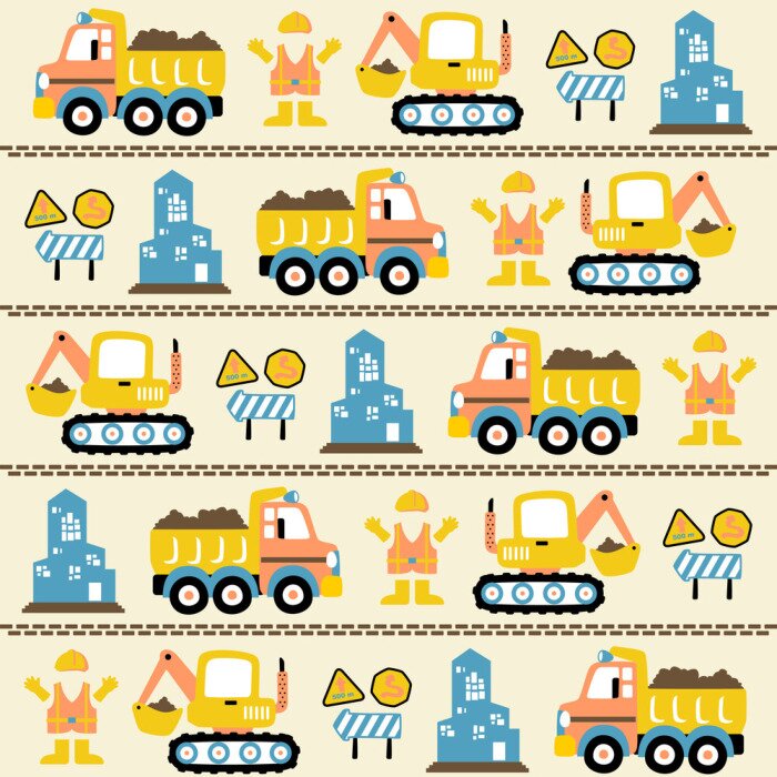 Poster  vector cartoon seamless pattern with construction vehicles, construction signs, worker uniform, buildings.