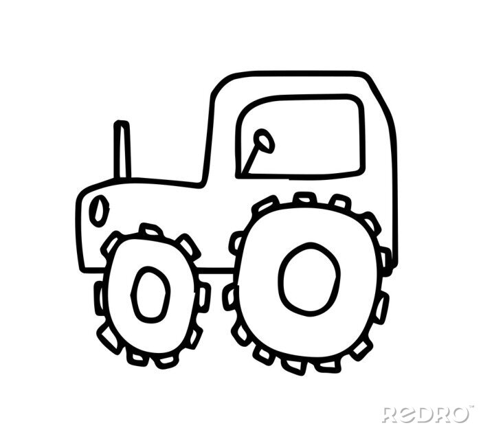 Poster  Vector Doodle childish tractor hand drawn on an isolated white background. Sketch  black line icon. Design for cards, coloring, textiles, packaging paper, stickers, web and mobile.