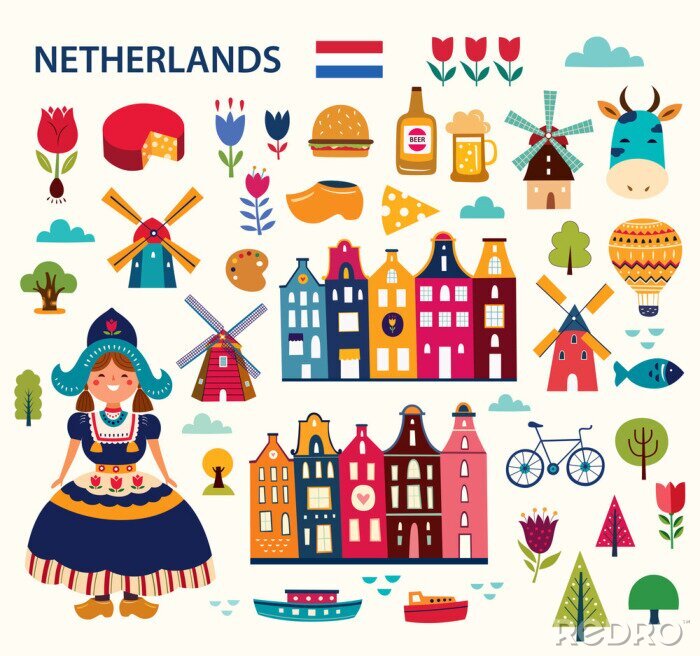 Poster  Vector illustration in cartoon style with symbols of Netherlands