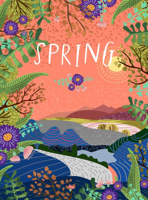 Poster  Vector illustration mignonne du printemps, beau paysage avec ciel, soleil, route et clairière entourée de fleurs, de plantes et d'arbres.