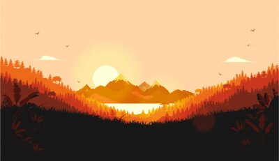 Poster  Vector landscape with warm sun. Sunrise over mountains with ocean and forest. Red and orange colours. Good morning, new day and positive emotions concept. Illustration.