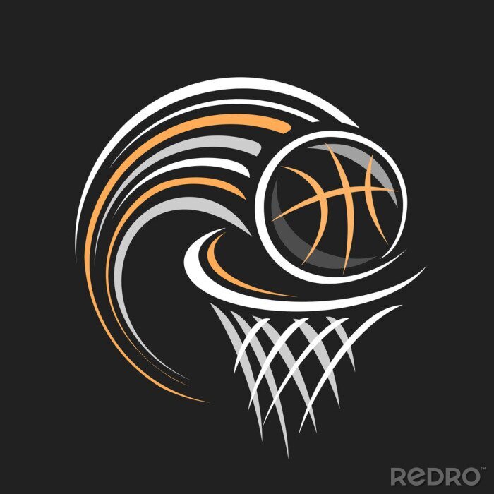 Poster  Vector logo for Basketball, decorative badge with basketball ball flying on trajectory in basket with net on black background, sports chalk sketch on blackboard.