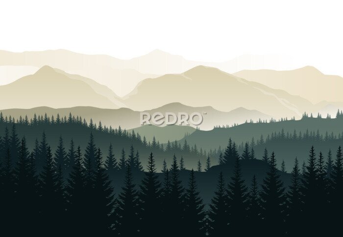 Poster  Vector paysage beau matin avec les forêts vertes brumeuses et les montagnes