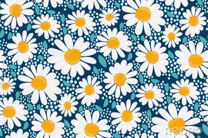 Poster  Vector seamless pattern. Creative floral print with chamomile flowers, leaves in a hand-drawn style on a dark blue-turquoise background. Perefct spring/summer template for fashion design, textiles...