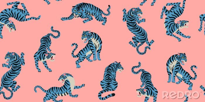 Poster  Vector seamless pattern with cute tigers on the pink background. Fashionable fabric design.