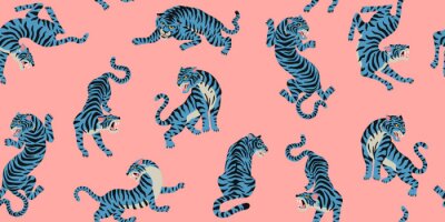 Papier peint à motif  Vector seamless pattern with cute tigers on the pink background. Fashionable fabric design.