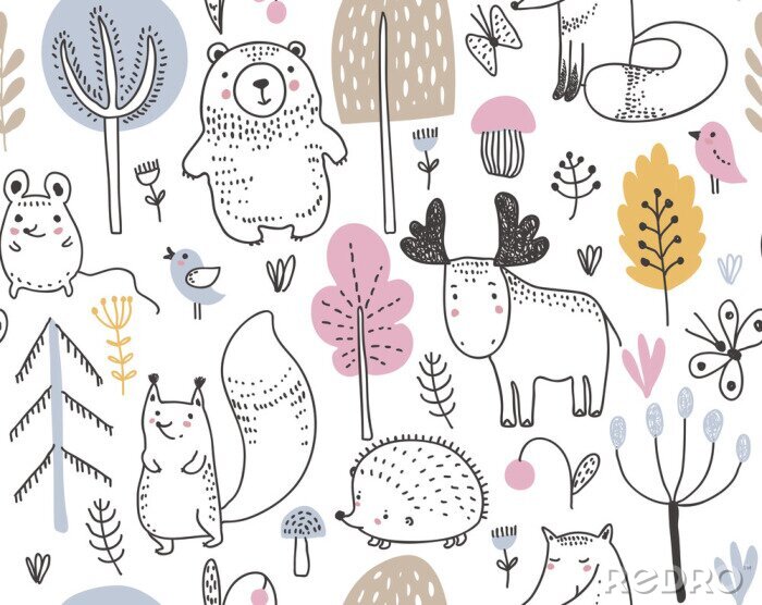 Poster  Vector seamless pattern with hand drawn wild forest animals,