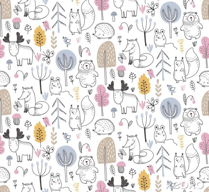 Poster  Vector seamless pattern with hand drawn wild forest animals,