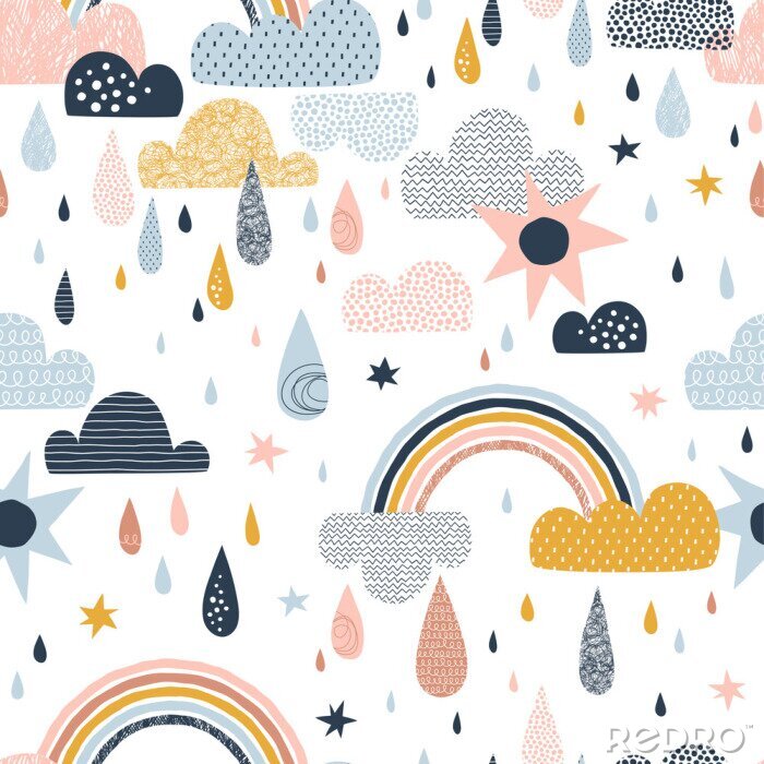Poster  Vector sky seamless pattern with clouds, rain drops, rainbow, sun. Cute doodle decorative scandinavian print for textile, fabric, apparel gender-neutral kid nursery design
