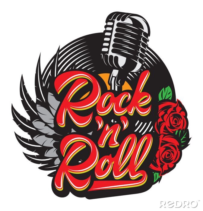 Poster  Vector stylish print template on the theme of rock with microphone, wing, vinyl, rose