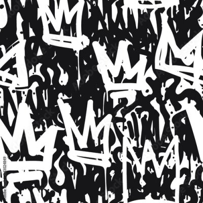 Poster  Vector tags seamless pattern. Fashion black and white graffiti hand drawing design texture in hip hop street art style for t-shirt skateboard textile