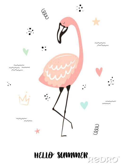 Poster  Vector tropical illustration of a cute flamingo with hearts, stars, dots, waves. Hand-drawn exotic poster for kids, holidays, clothes, decor, textile, fabric, cards. Hello summer
