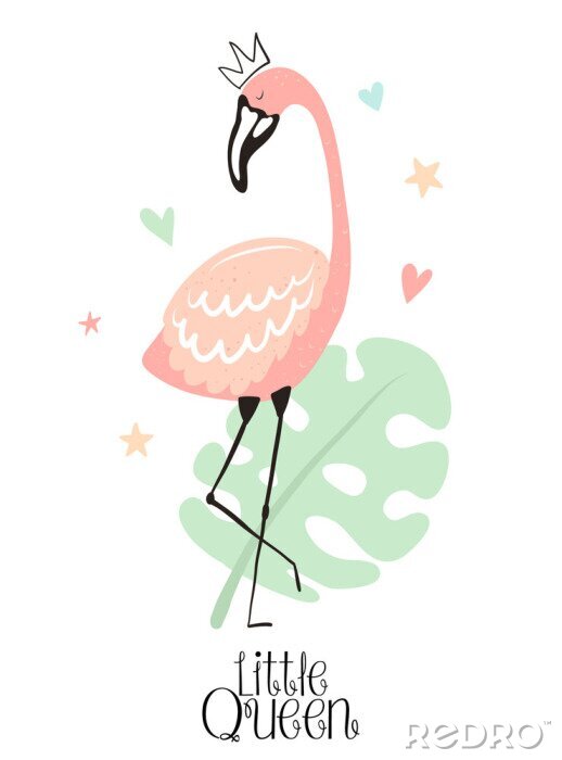 Poster  Vector tropical illustration of a flamingo in the crown with monstera, hearts, stars. Hand-drawn summer exotic poster for kids, holidays, clothes, decor, textile, fabric, card. Little Queen